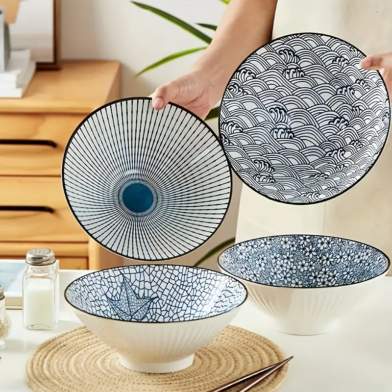 32oz Ramen Bowl Set Of 4 - Large 8 Inch Ceramic Soup Bowls, Blue And White Japanese Noodle Bowls for Pho, Ramen, And Cereal - Leaf Patterns, Creative Soup Bowls, Ramen Bowls, Noodle And Pasta Bowls, Japanese Style Big Bowl
