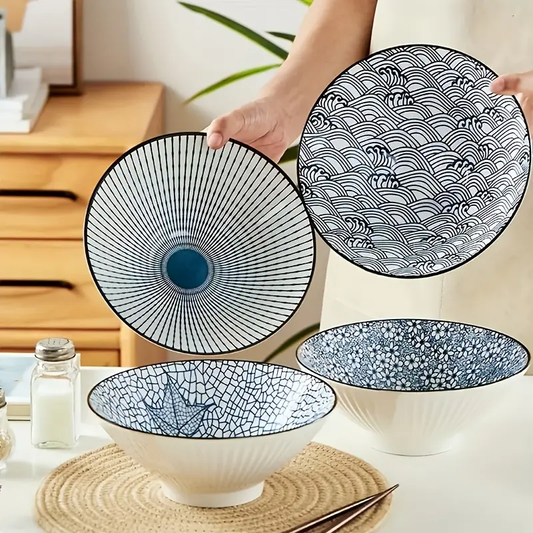 32oz Ramen Bowl Set Of 4 - Large 8 Inch Ceramic Soup Bowls, Blue And White Japanese Noodle Bowls for Pho, Ramen, And Cereal - Leaf Patterns, Creative Soup Bowls, Ramen Bowls, Noodle And Pasta Bowls, Japanese Style Big Bowl
